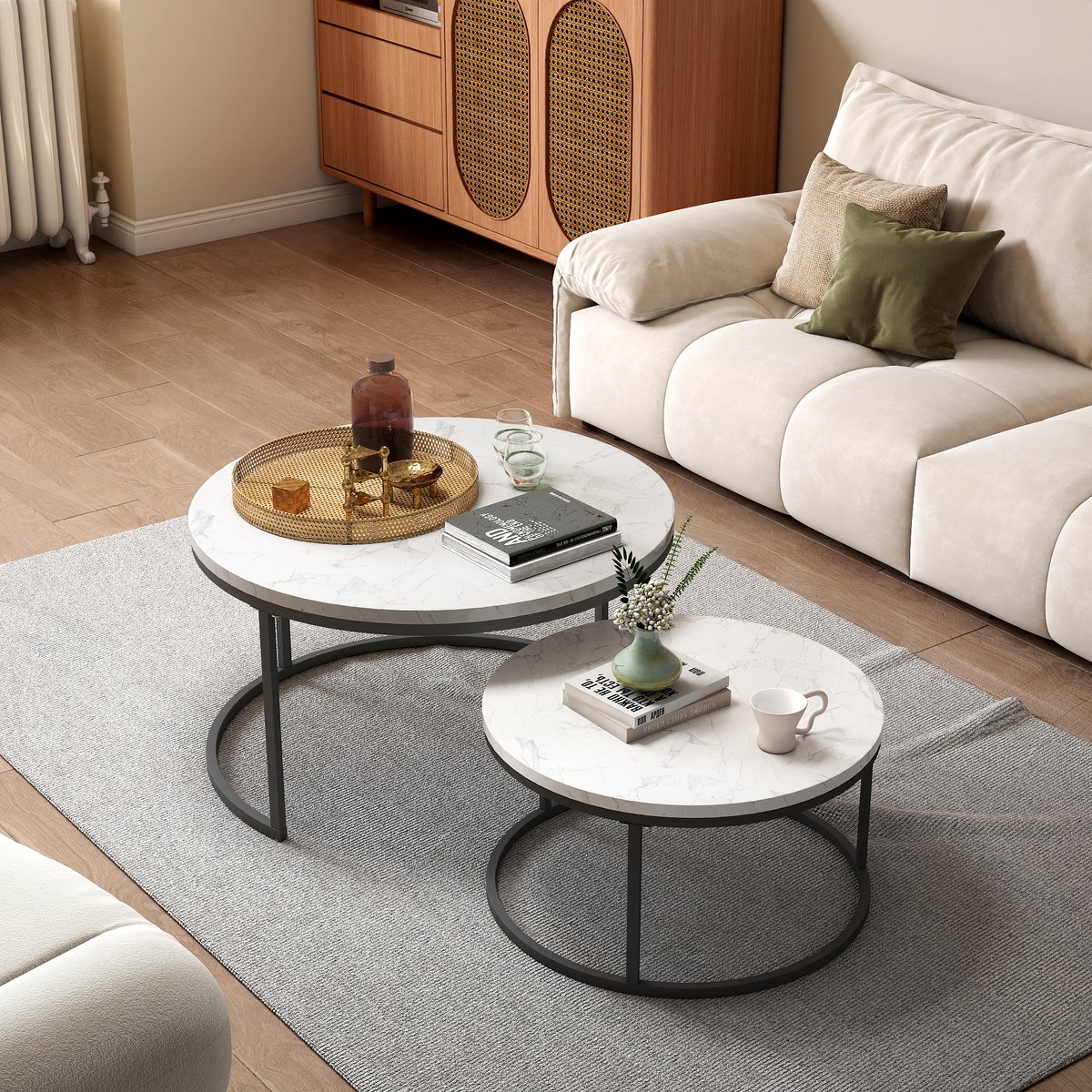 MIVRAY Hoogglans Salontafel Set Van 2 - Stapelbaar Met Verstelbare Voeten - MDF + Metaal - 70×70×45 & 45×45×37 Cm - Wit