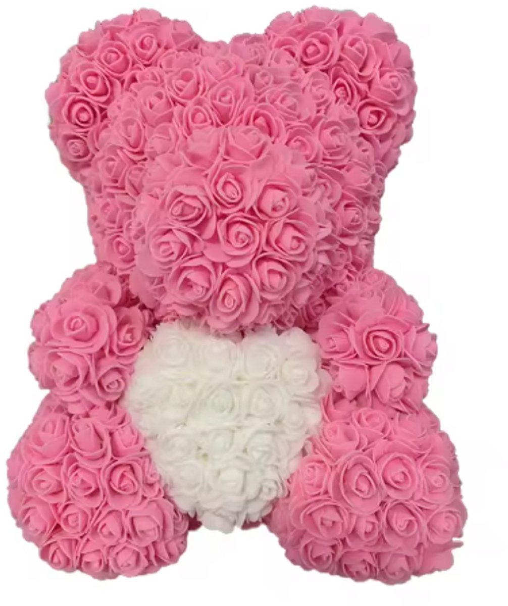 Roze Rozenbeer 40 cm met Wit Hart-Teddybeer van Kunstrozen +Transparante Geschenkdoos