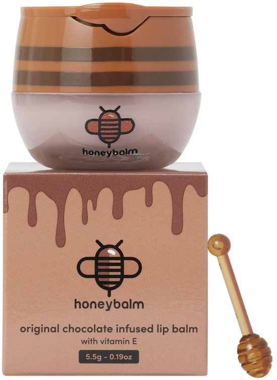 Honeybalm originele chocolade lippenbalsem met vitamine E, in een potje met gestreept deksel, op een doosje met druipend chocolade-design, met applicator.