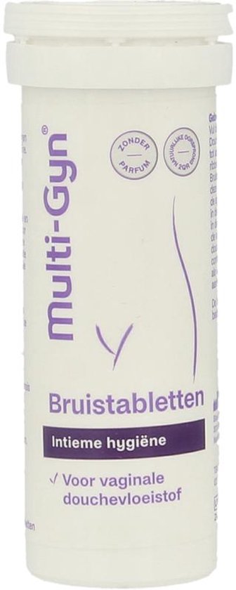 Wit flesje met paarse tekst 'Multi-Gyn Bruistabletten Intieme hygiëne'. Zonder parfum.