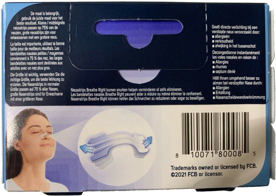 Bandes nasales anti Snurk Breathe Right - Dilatateur nasal - Pansements nasaux anti- Snurk - Peaux sensibles - Petit/ Medium 30 pièces - Transparent - Bon sommeil - Doux pour la peau - Idéal en cas de rhume et d'allergies