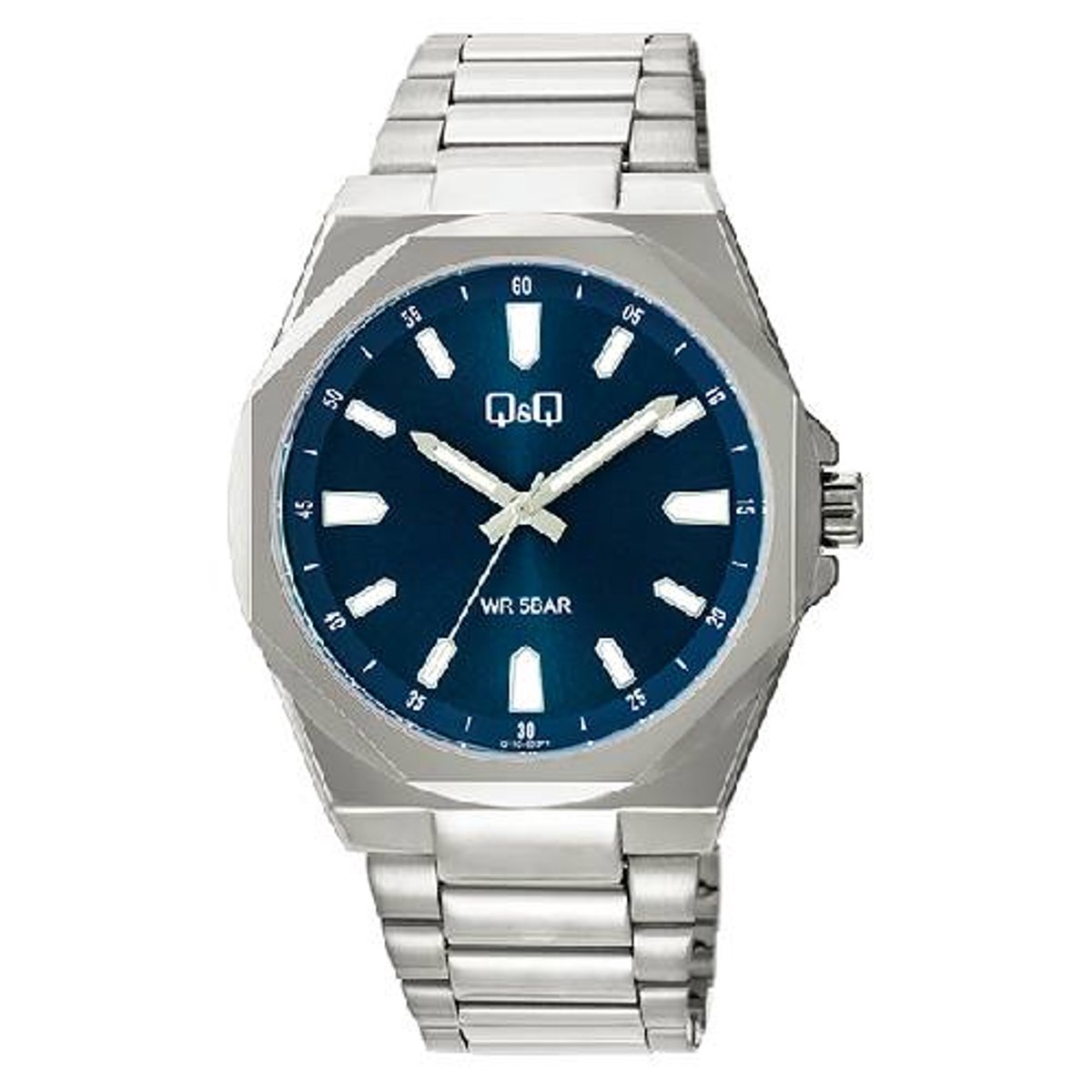 QQ-heren horloge-model q11c-003py-donkerblauwe wijzerplaat-zilverkleurig-5 bar waterdicht-diameter 42 mm