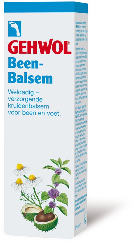 GEHWOL Been-Balsem tube met de tekst "Weldadig - verzorgende kruidenbalsem voor been en voet." en illustraties van kamille en munt.
