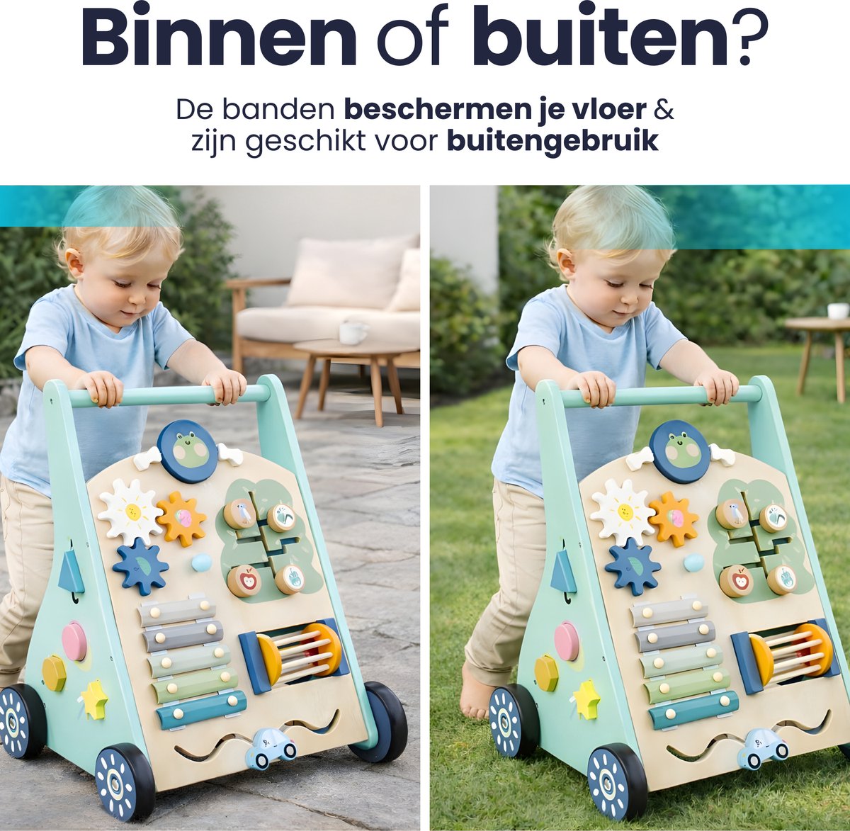 Laavir Activiteiten loopwagen - Houten Loopwagen voor Baby's - Montessori Activiteitenwagentje met Spelletjes en Klok - Mintblauw - FSC Gecertificeerd - 1 Jaar+ — afbeelding 6