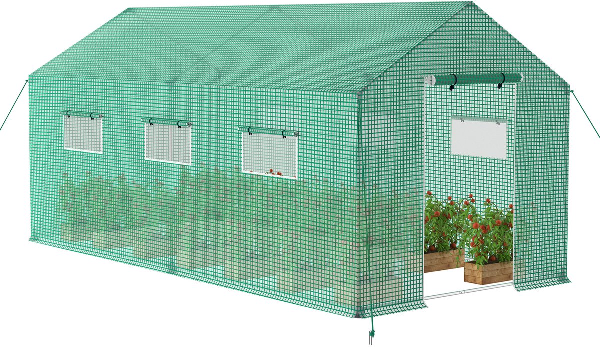 Aufun foliekas – aluminium frame – 4,5 x 2 x 2 m – groen – met deur en ramen – voor buiten en tuin