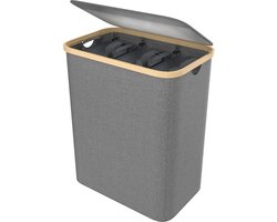 140 l wasmand van Oxford-weefsel, 3 vakken, afneembare wasverzamelaar met bamboeframe, opvouwbare waszak, wasboxen met handvat en deksel, wassorteerder, wasmand voor bijkeuken, grijs NAIZY
