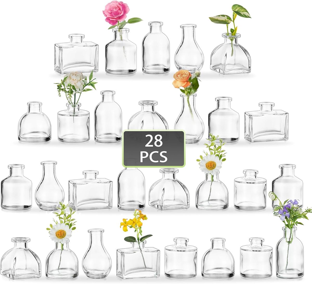 Famanu Glazen kleine vaas voor bloemen: 28 stuks bruiloft bud vazen enkele bloem vaas voor tafeldecoratie mini vazen set glazen flessen voor kamerdecoratie thuis verjaardagsfeestje babyshower Transparant