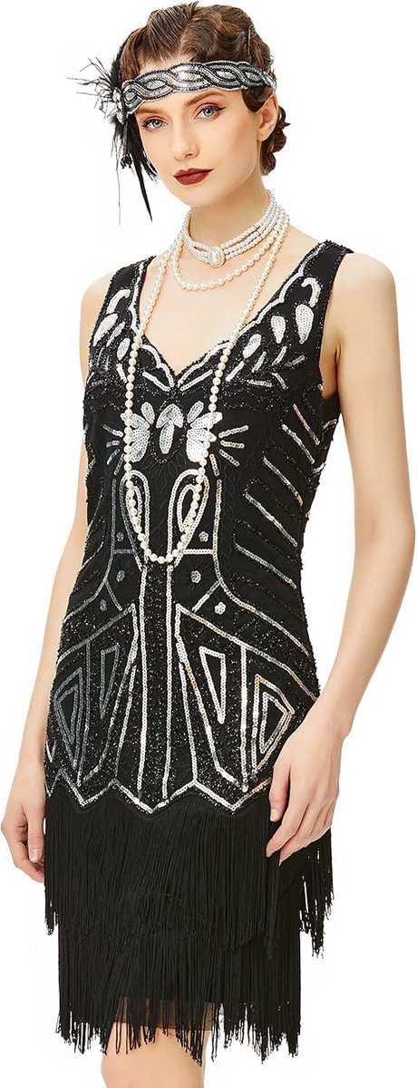 Flapper Jurk Dames Jaren '20 Stijl met Pailletten en Franjes voor Gatsby Feest