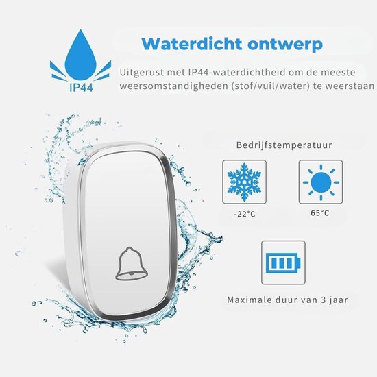 Aura® Draadloze Deurbel met 2 Ontvangers - Deurbelset - Beldrukker - Deurbellen - 36 melodieën - Waterdicht - 300 m bereik - 1 Zender - Wit - ‎19cm x 9cm x 9 cm — afbeelding 2
