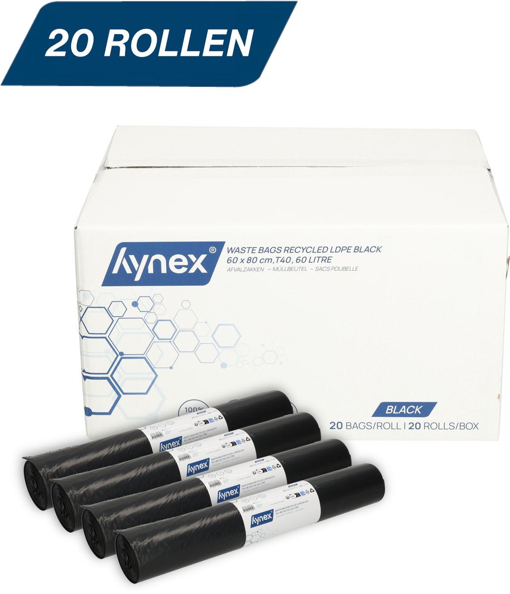 Hynex Vuilniszak 60 liter - 400 stuks - Afvalzakken - Vuilzakken - Pedaalemmerzakken - Gerecycled LDPE - 60 x 80 cm - 20 rollen x 20 stuks - Zwart