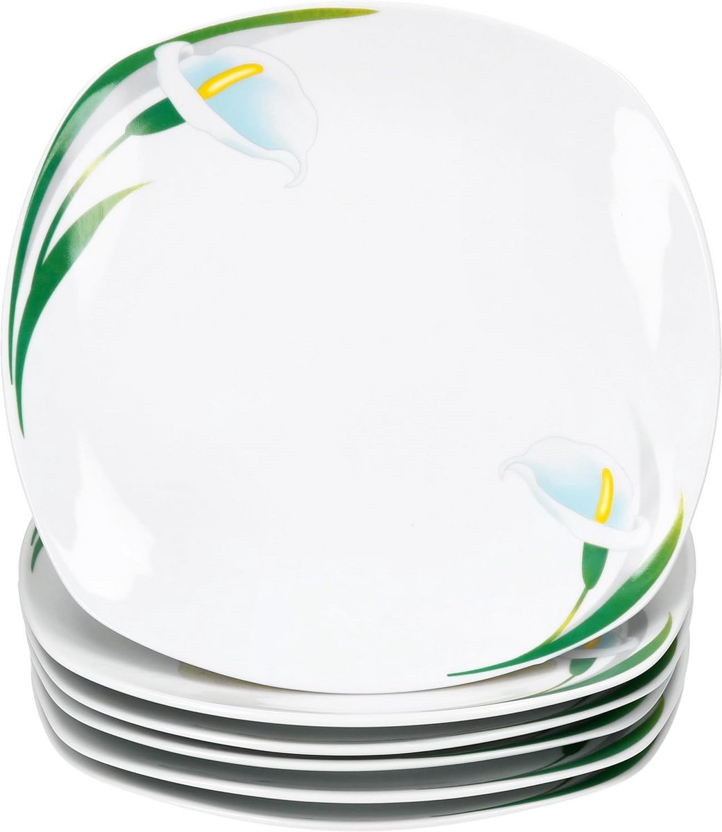 Set van 6 Witte Porseleinen Dinerborden met Calla Bloemendecor - 24.5 cm