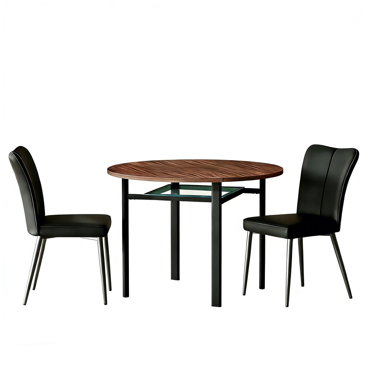 Eettafel 2 Stoelen 100x100x76 cm Ronde Eettafel Set Bruin Zwart Glas Metaal PU Leer Modern