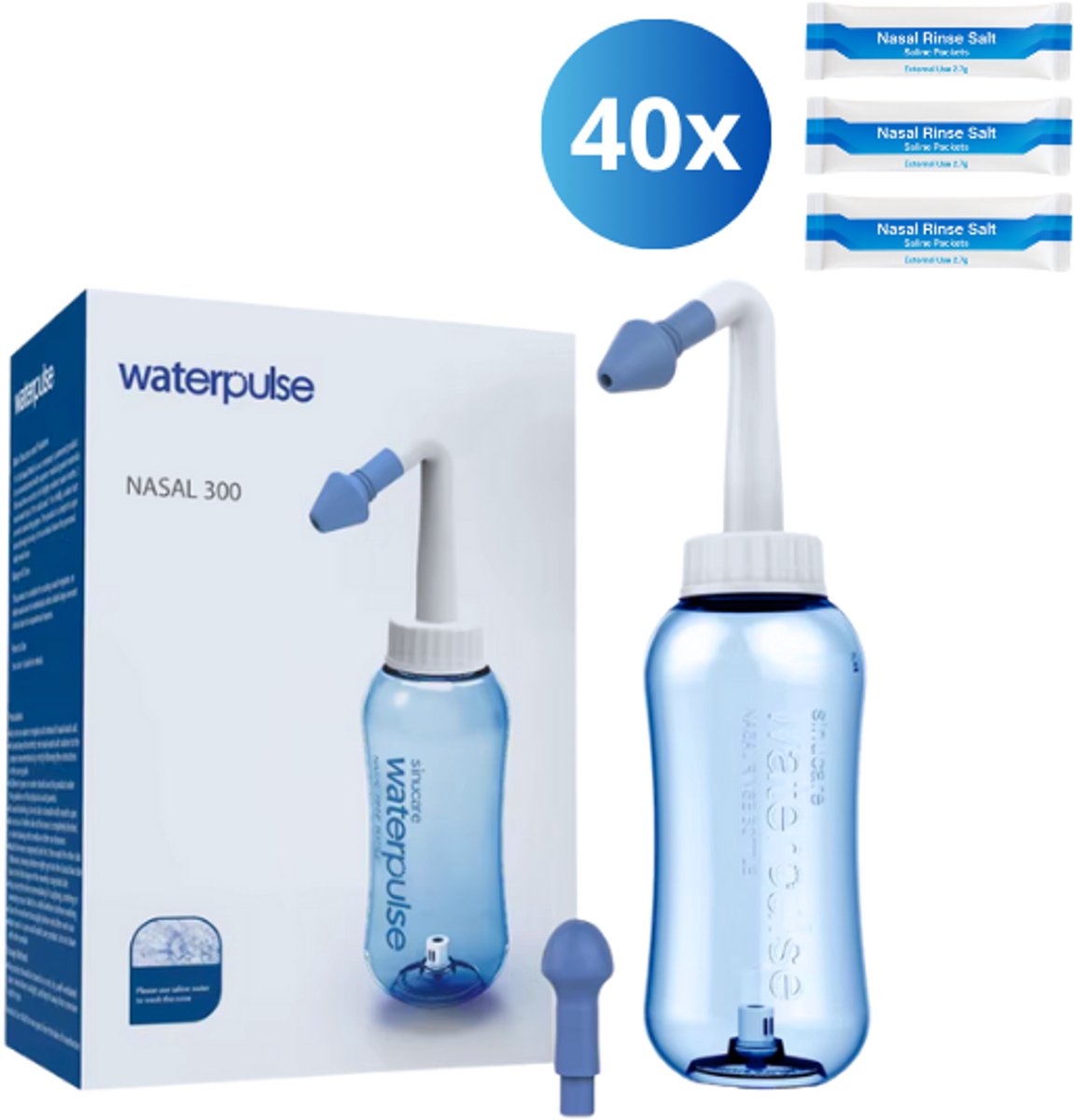 Professionele Neusdouche - Waterpulse - 40 zakjes zout - Neusspoeler - Verstopte neus – Neusreiniger - Tegen Hooikoorts - Inclusief Waterpulse Doos