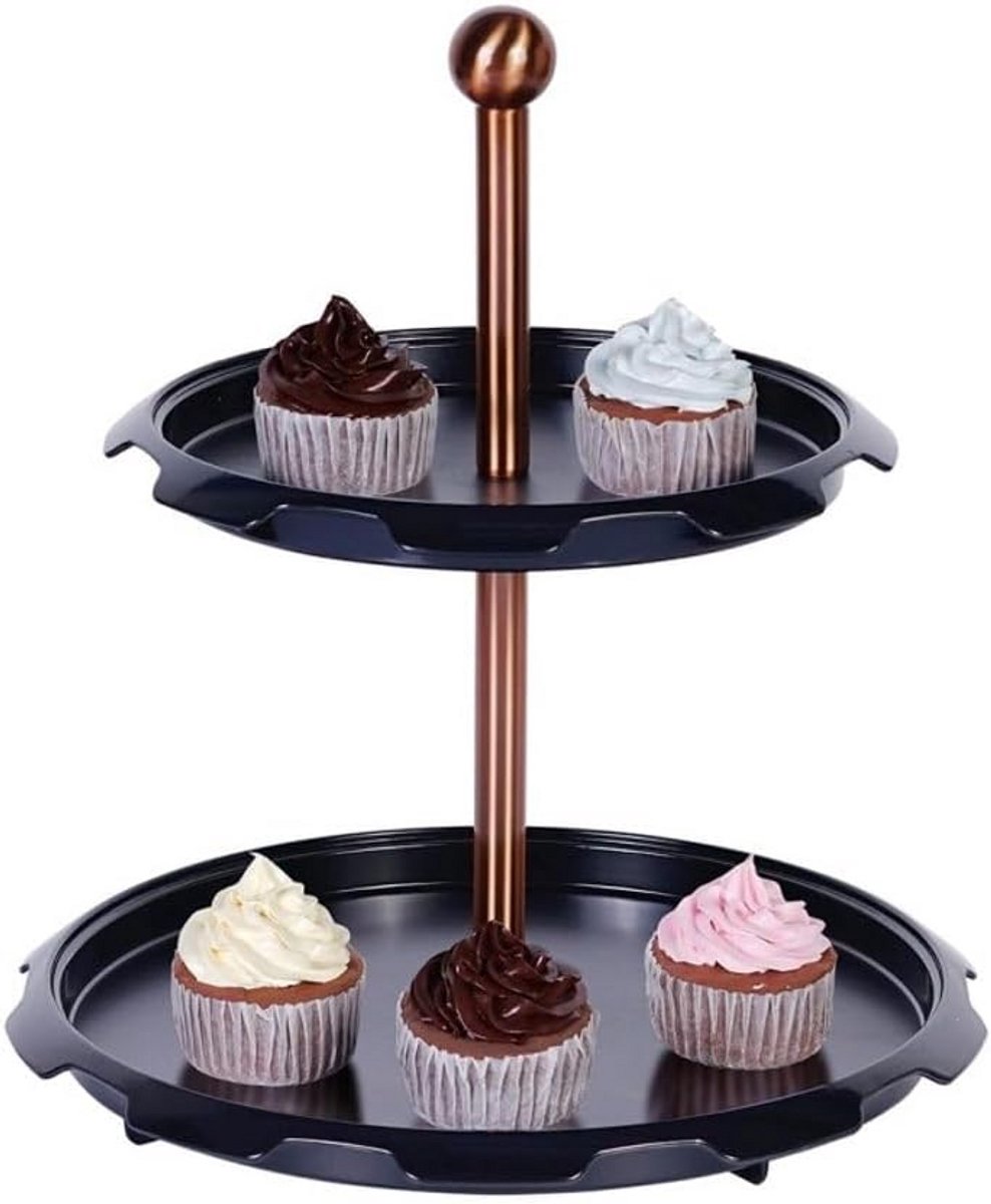 Twee Etages Taart- en Cupcake Standaard Zwart en Roségoud
