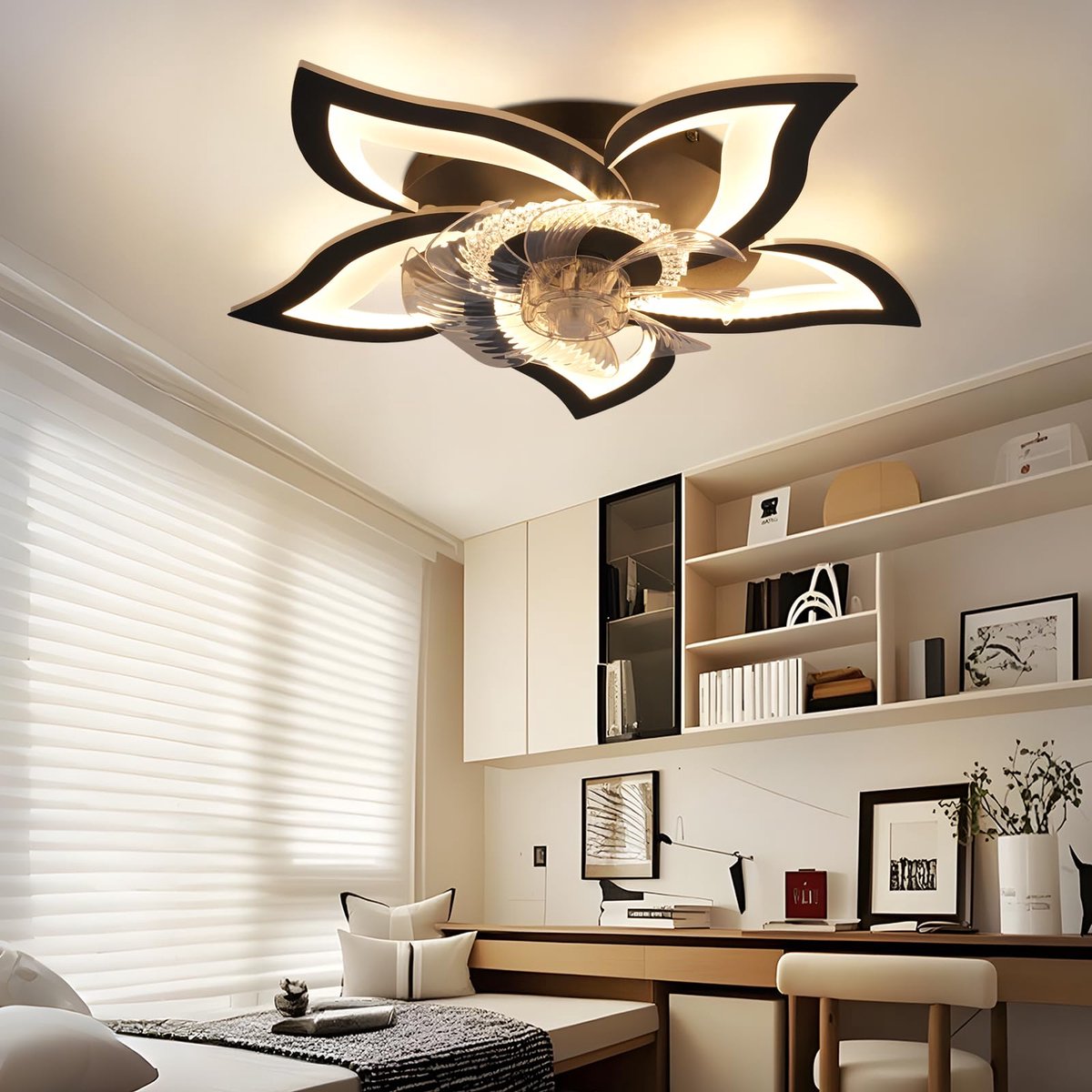 Glitzerlife - Plafondventilator met verlichting - Moderne LED plafondlamp met ventilator - Stil 48 W - Afstandsbediening - Dimbaar - 3 kleurtemperaturen - 6 windsnelheden - Timer & nachtmodus - Zwart - Plafondlampen woonkamer slaapkamer