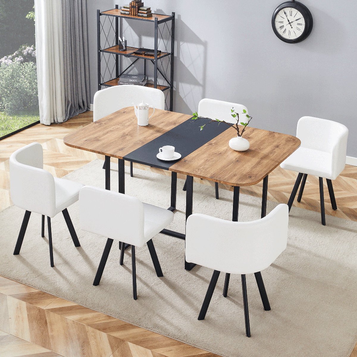 BLACKCOLORS Eethoek met uitschuifbare tafel en klapstoelen – oppervlak met houtnerf + zwart metalen frame, eethoek voor 4 tot 6 personen voor de keuken en woonkamer
