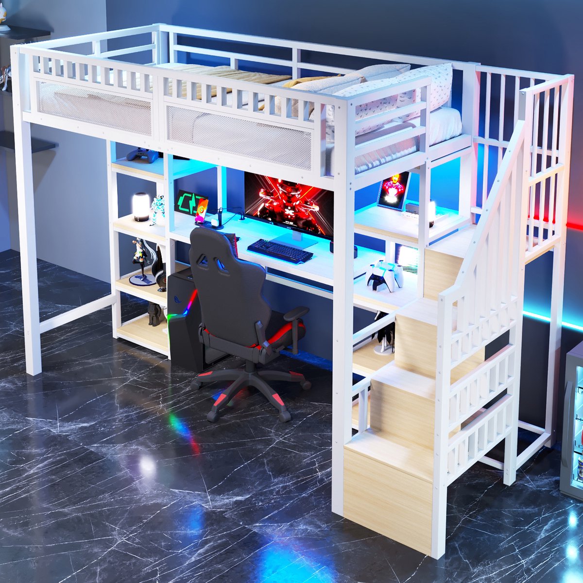 OKWISH Hoogslaper 90x200cm - Met Bureau En Opbergtrap - Led Lichtstrip Met Appbediening - Met Usb Aansluitingen - Zonder Matras - Metaal En MDF - Wit