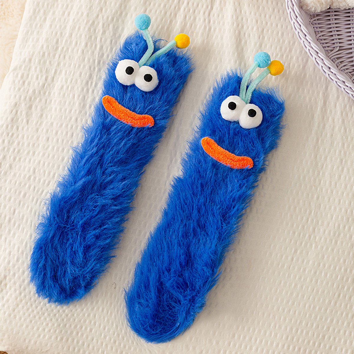 Kraftverdia Sokken Dames 3D Monster Sokken Slaapsok Fuzzy Grappige Sokken Casual Katoenen Sokken One Blauw