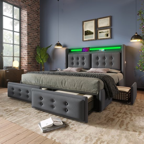 MODFU Ledikant 160x200 cm – gestoffeerd katoen-linnen grijs – met 4 lades, LED, USB/Type-C – inclusief matras