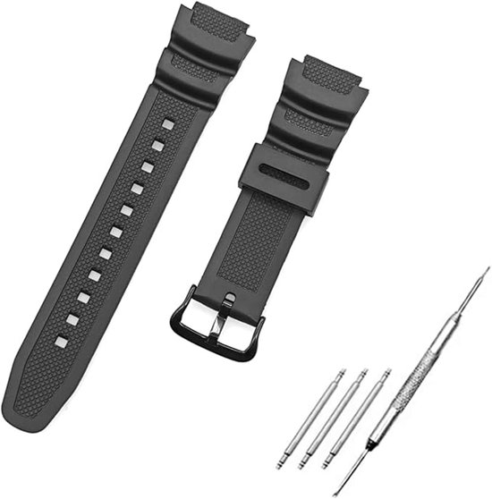 Bracelet de montre noir en silicone avec motif en grille, boucle et outils de montage.
