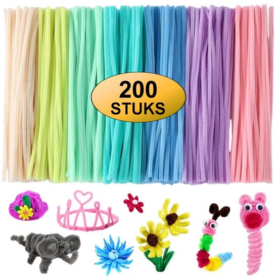 200 gekleurde pijpenragers in pastelkleuren, met knutselvoorbeelden zoals een olifant, bloemen en een rups.