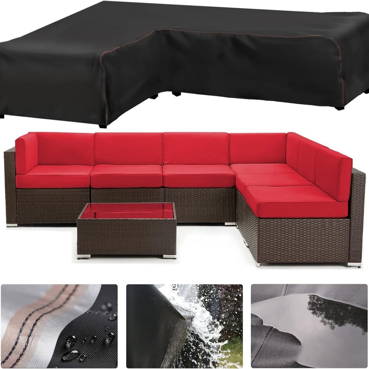 Famanu Tuinmeubelhoes - voor L-vormige hoekbanken (links kort-rechts lang) - afdekzeil - met waterdichte naden - waterdichte loungeafdekking - loungemeubelhoes - 222 x 286 x 87 cm Rood