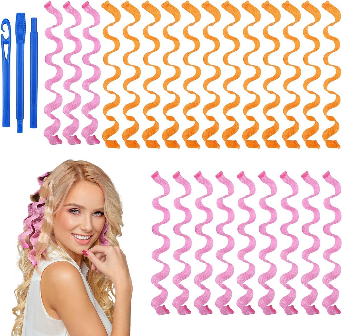 Haarrollers voor lang haar - set van 24 stuks voor golvende spiraalkrullen - geen warmte nodig - styling kit met haken - voor dames en meisjes - gezond haarstyling - doe-het-zelf kapsel