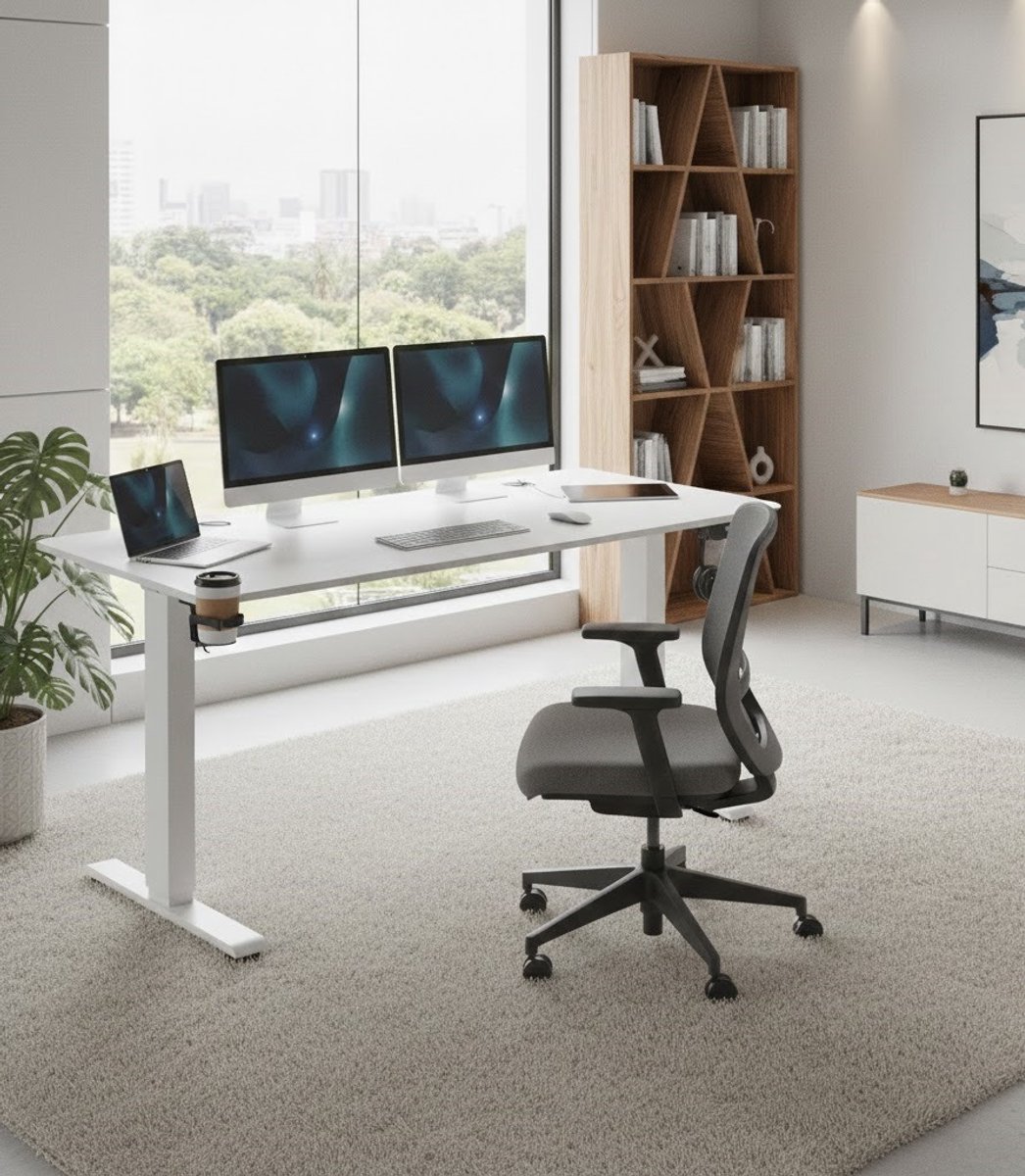 ErgoFlex Elektrisch In Hoogte Verstelbaar Bureau 140x70 cm – Modern Thuiswerk & Gaming Bureau met LCD-Display, Geheugenfunctie, Draadloze Oplader, USB-C/A Poorten, 80 kg Belastbaar – Ergonomisch Wit A-Furniture — cadeau in Cadeau-ideeën - foto 2