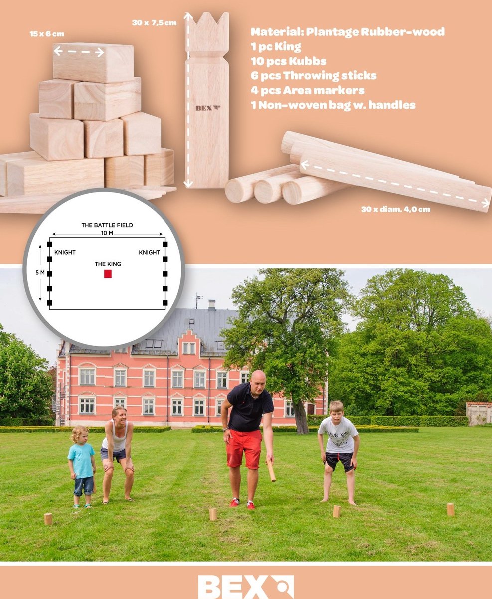Bex Kubb Original – Zweeds Vikingschaak – Premium Buitenspel – Massief Rubberhout – Koning Met Houtkleurige Kroon – Vanaf 8 Jaar – Inclusief Draagtas — afbeelding 5