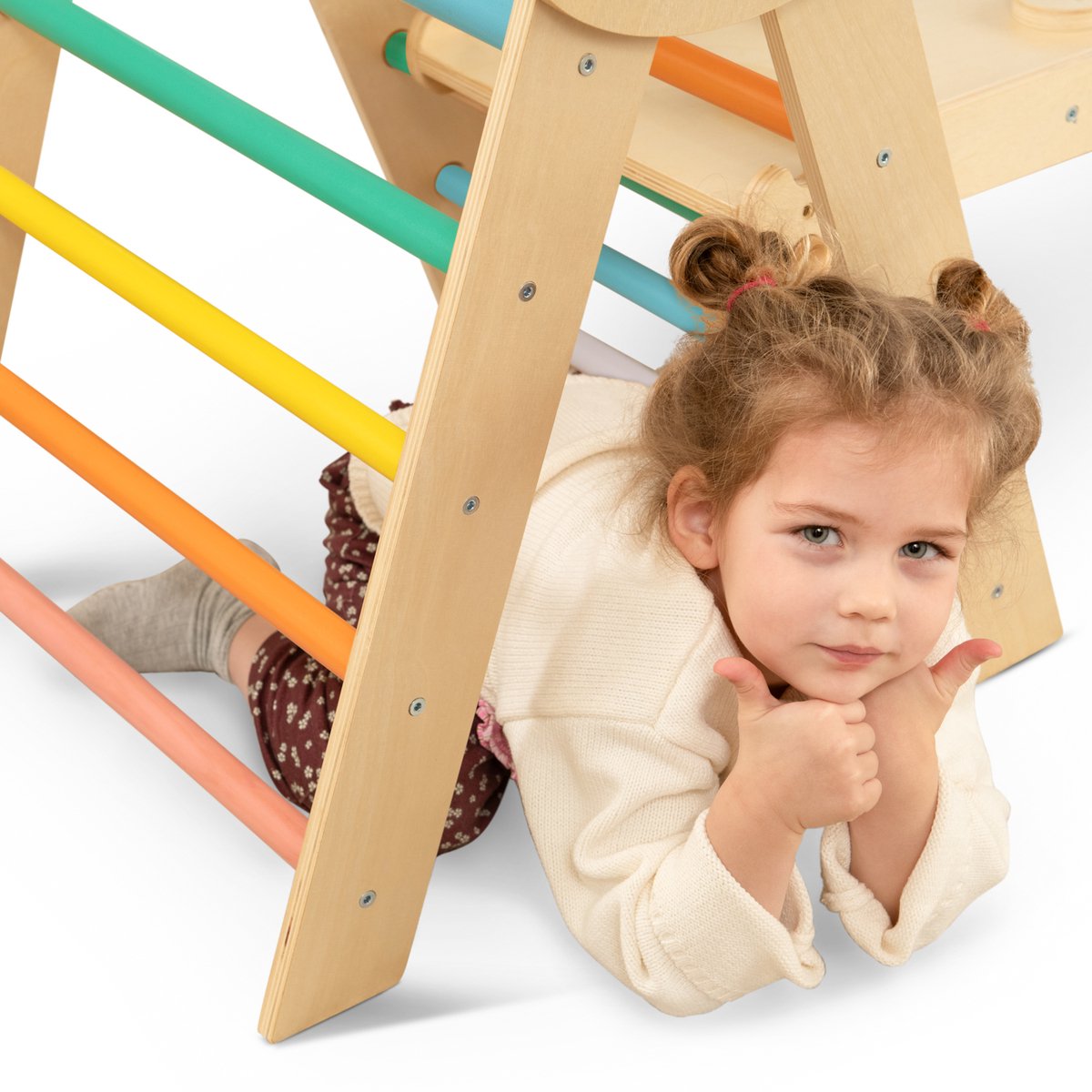 FINOOS Klimrek - Klimdriehoek - Klimboog - Glijbaan - Montessori - Houten Speelgoed - Regenboog — afbeelding 4