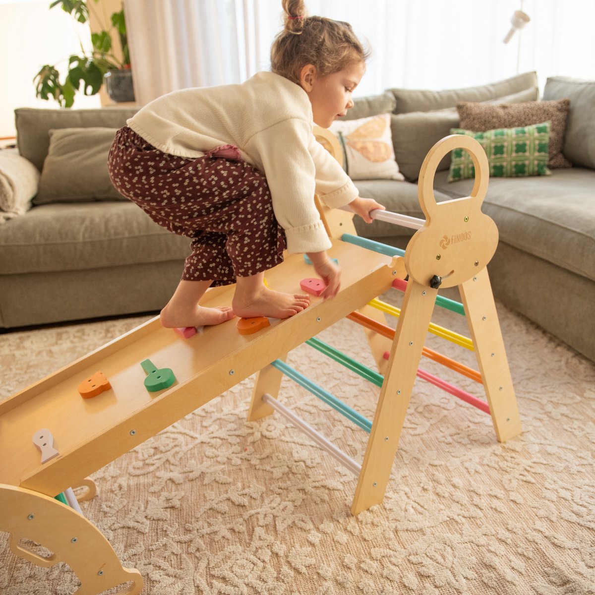 FINOOS Klimrek - Klimdriehoek - Klimboog - Glijbaan - Montessori - Houten Speelgoed - Regenboog — afbeelding 9