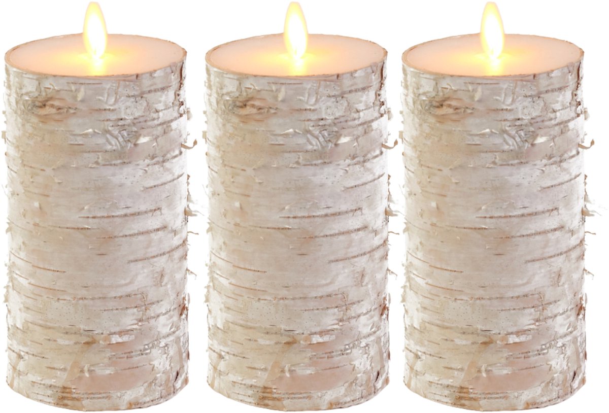 Anna's Collection Led kaars/stompkaars - 3x - houtlook - naturel - H15 x D7,5 cm - wax - bewegende vlam