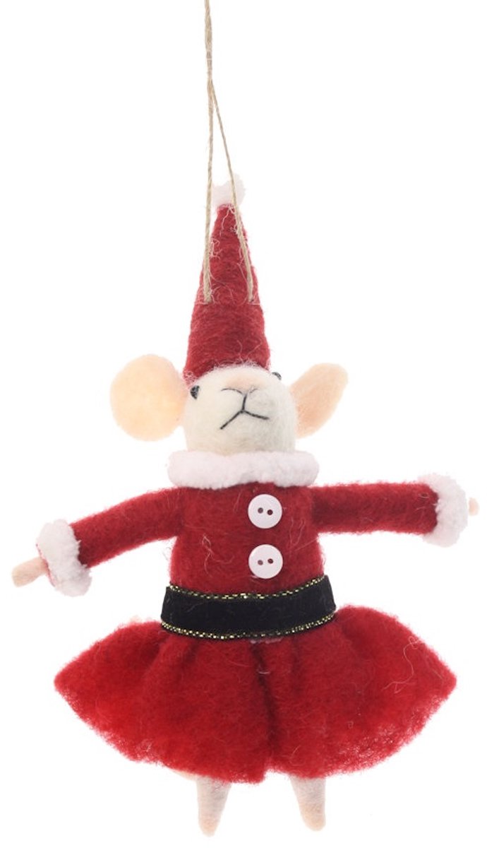 Muis Miss Santa hangend vilt 11,5x8,5x15cm
