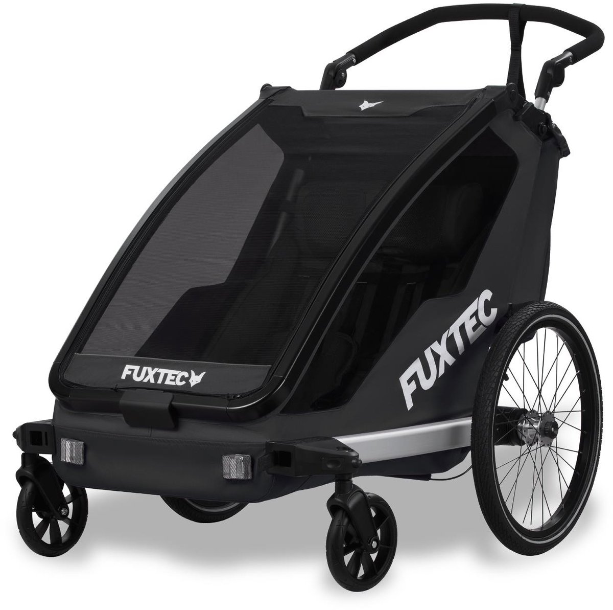 Zwarte fietskar - FUXTEC Sport Cruiser - max. belasting 45kg, 2 x 5-puntsgordels, opvouwbare kinderwagen