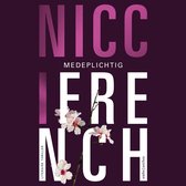Boekcover met grote witte letters "MEDEPLICHTIG" en een takje met witte bloesems