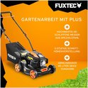 FUXTEC grasmaaier met grasopvangbak, oranje accenten en tekst 'GARTENARBEIT MIT PLUS'.