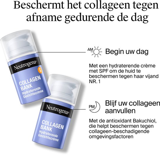 Twee potjes Neutrogena Collagen Bank crème. Rechtsboven: AM Begin uw dag met crème met SPF. Rechtsonder: PM Blijf uw collageen aanvullen met antioxidant Bakuchiol.