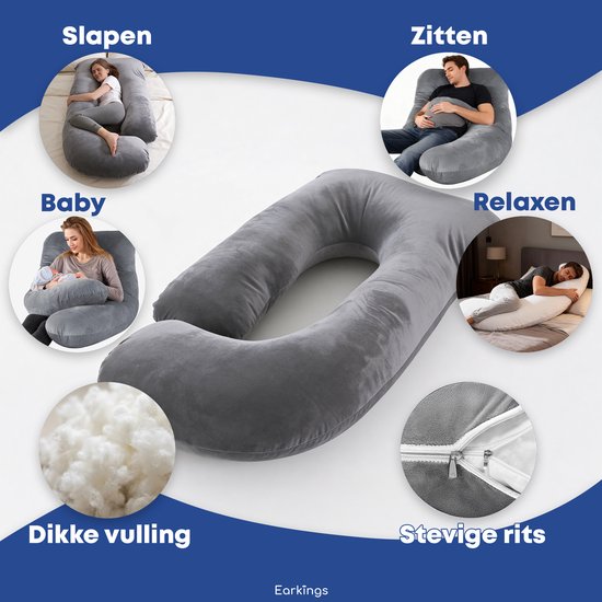 Earkings Zwangerschapskussen Zijslaapkussen 140x80cm G-vorm met Afneembare hoes - Body Pillow donkergrijs van Earkings — afbeelding 4