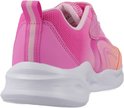 Roze Skechers S-Lights sneaker met klittenbandsluiting, gezien vanaf de achterkant. De sneaker heeft lichtjes in de zool en een oranje/roze kleurverloop.