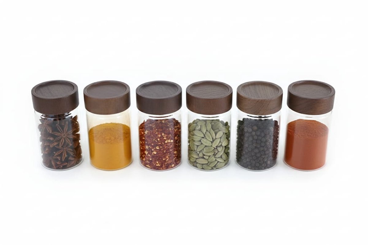 Glazen Kruidenpotjes Set 6 met Houten Schroefdeksel 325 ml Luchtdichte Voorraadpotten