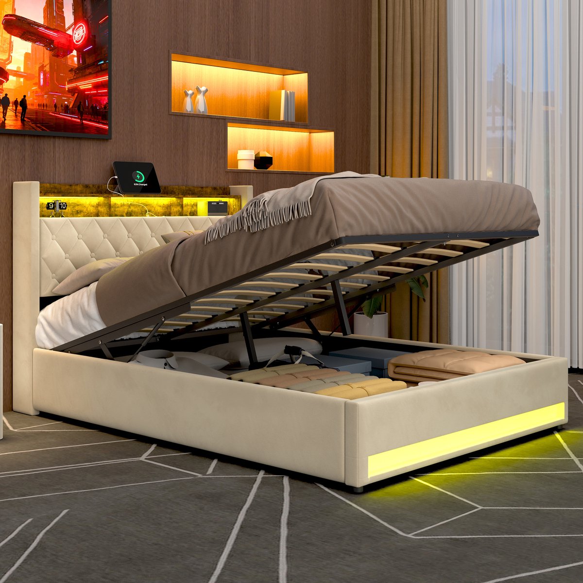 REDOM Opbergbed 160x200 cm – Tweepersoons Bedframe met Opbergruimte – Hydraulisch Systeem – Beige Stof