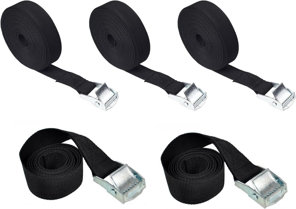 Spanbanden Set - Sjorbanden Ratelbanden - Bagage Vervoeren - Robuust PP Materiaal - 5 stuks 25mm breed - Zwart