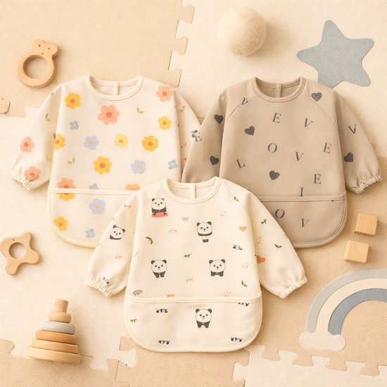 AliRose – Set complet de 4 vestes imperméables pour aliments et loisirs créatifs | 2 variantes flexibles + 2 variantes robustes | Manches longues | AMOUR + Panda + Dino + Fleurs | Bavoirs anti-déversement ultimes pour une utilisation quotidienne