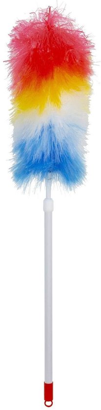 Witte steel met rode lus, pluizige kop met blauwe, gele en rode kunstvezels.