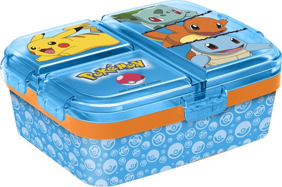 Gedetailleerde blauwe Pokémon kinderlunchbox met 4 vakken. Pikachu, Bulbasaur, Charmander, Squirtle.