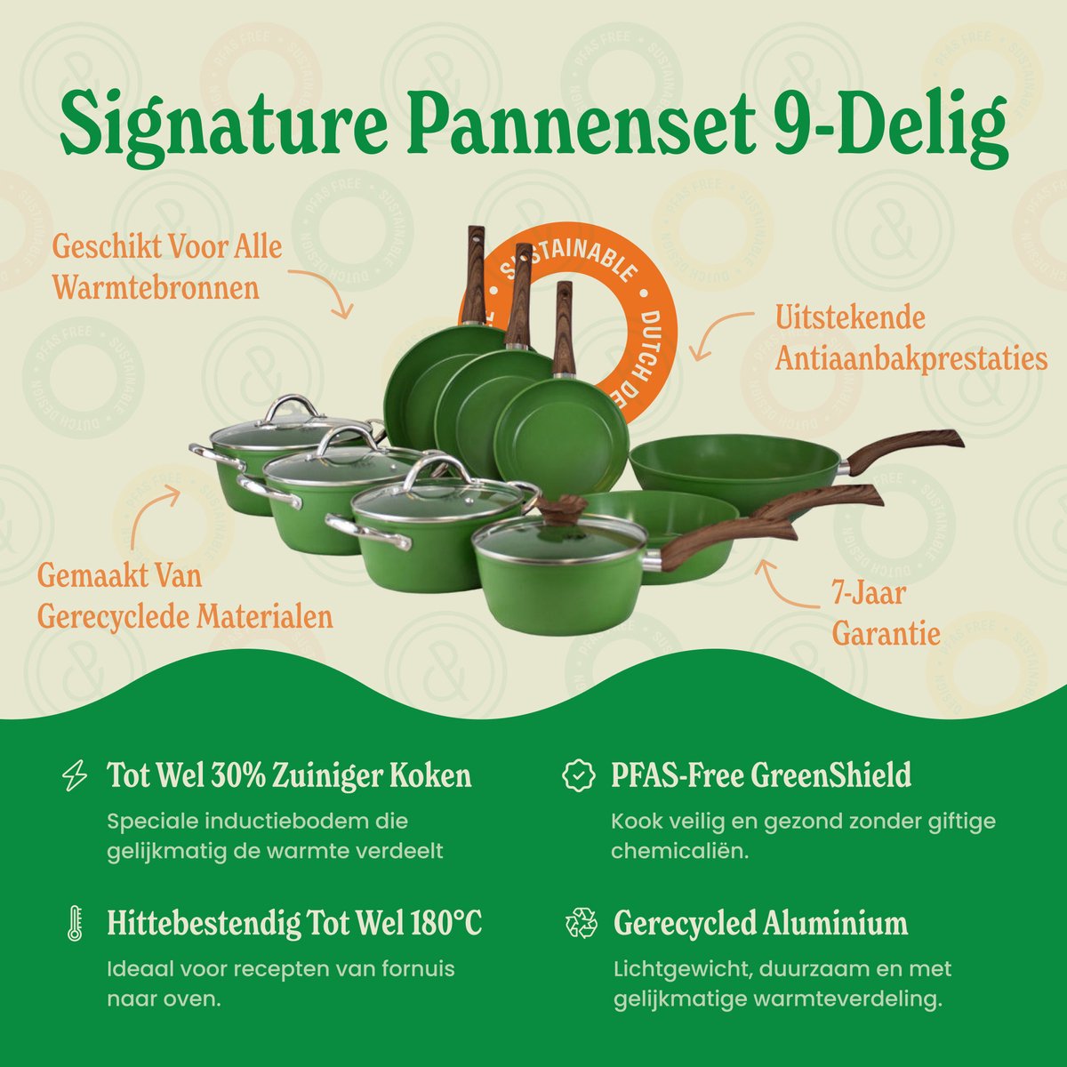Cook & Pan 9-Delige Pannenset Groen - PFAS vrij - Alle Warmtebronnen - Pannen Set met 7 jaar Garantie - Krasbestendige Anti Aanbaklaag - Vaatwasserbestendig - Gas, Inductie, Elektrisch, Oven - Koekenpan, Wokpan, Steelpan, Hapjespan, Kookpot – foto 4