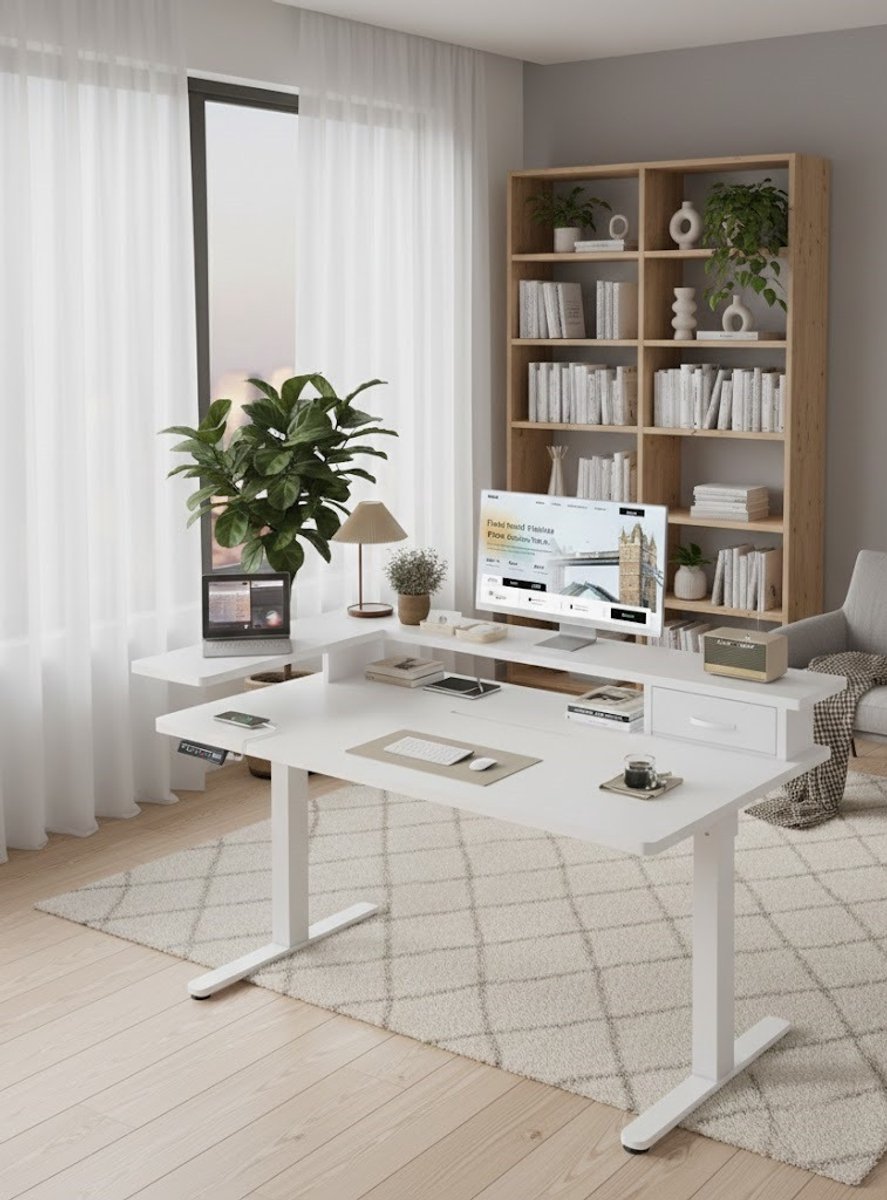 Elektrisch Zit-Sta Bureau 120x60 cm met Monitorarm, USB & Lade – In Hoogte Verstelbaar Ergonomisch Bureau – Wit A-Furniture
