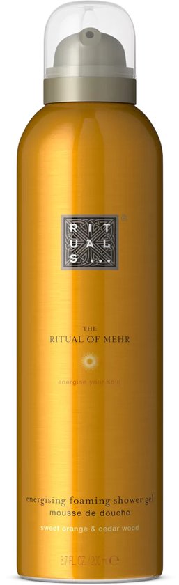 Gouden spuitbus met pompje, met "The Ritual of Mehr" en 'energizing foaming shower gel sweet orange & cedar wood'.