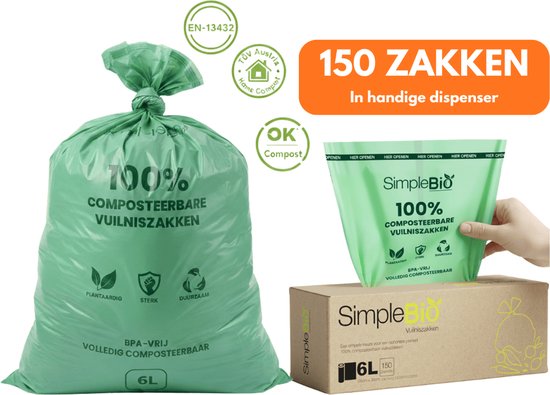 Grand sac poubelle compostable vert SimpleBio 6L, plein et noué. À côté d'une boîte distributrice.