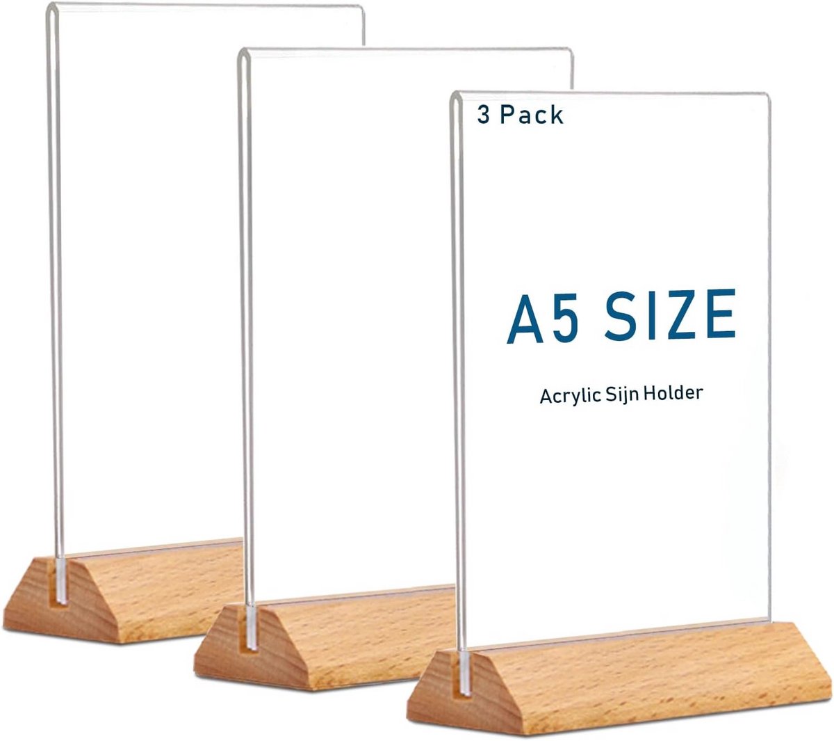 3x A5 Acryl Standaard met Houten Sokkel voor Menu's en Posters